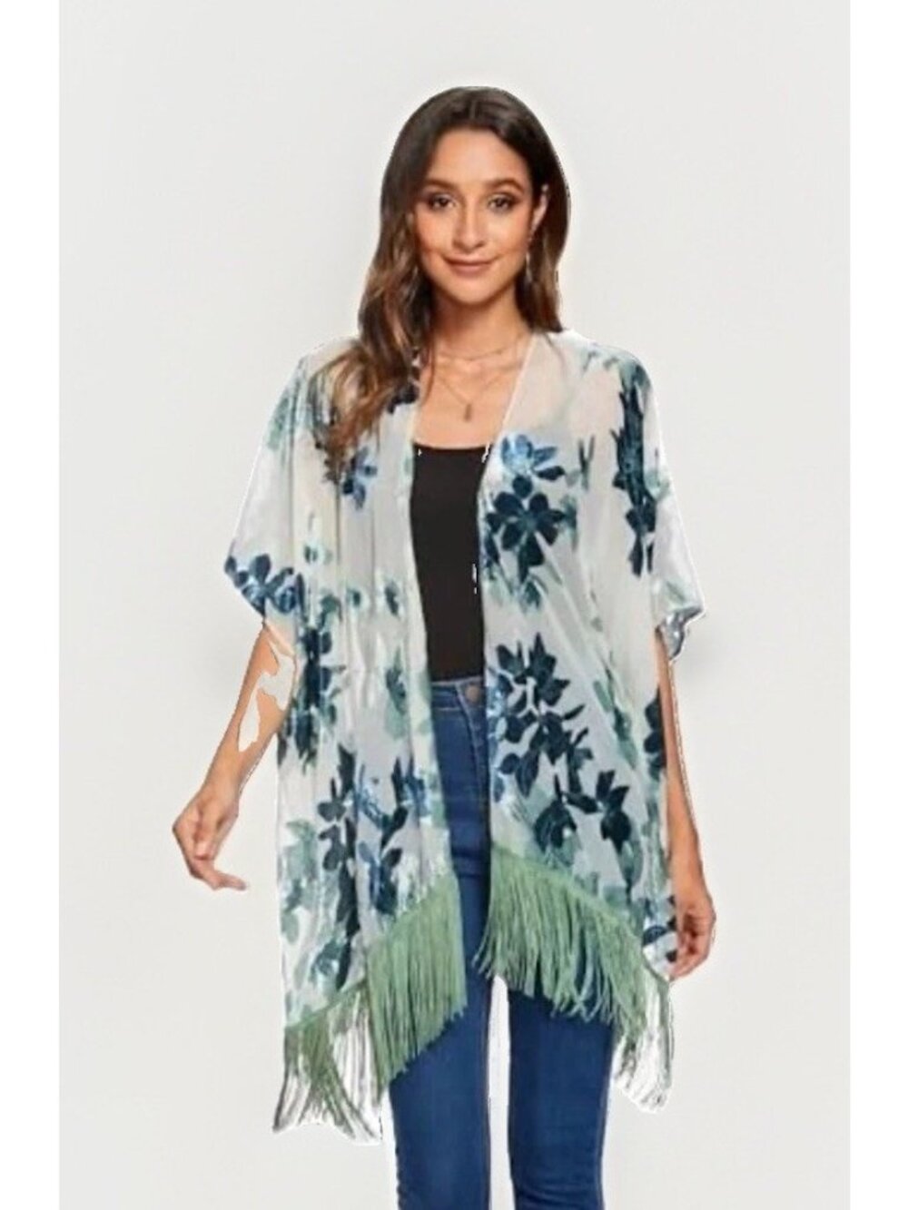 Marcus Adler Leaf Print Kimono Wrap Ruana Sheer Boho Cover Up.     X